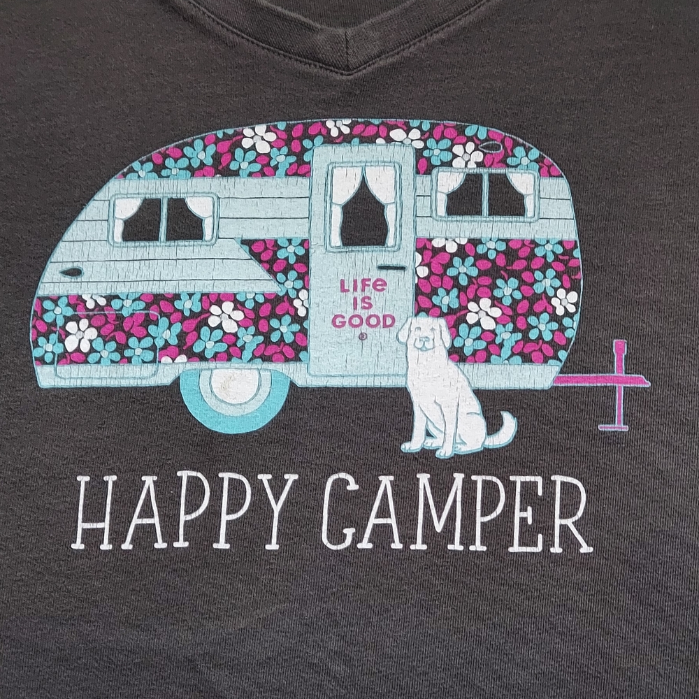 Life Is Good Womens Plus Size Floral Happy Camper Tee - Dark Gray